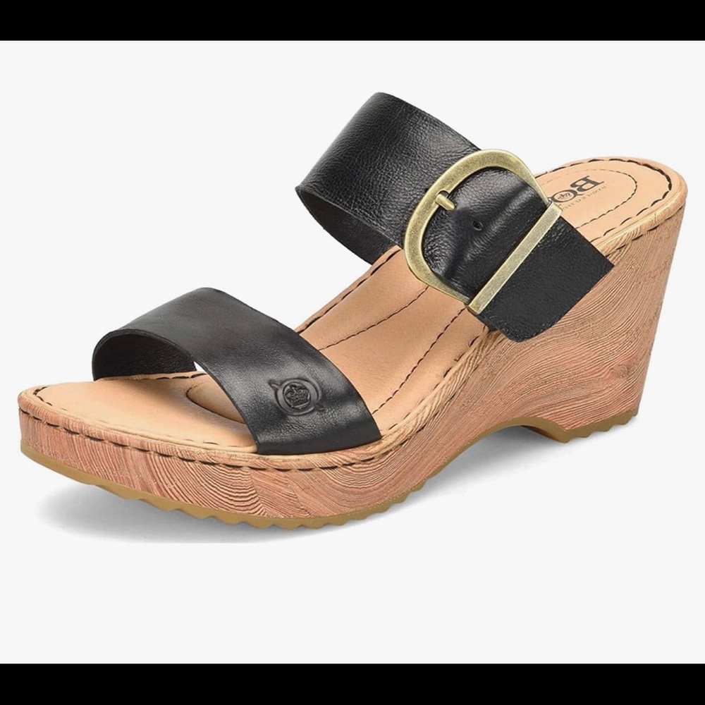 Born Emily Black Two Strap Wedge Heels size 7